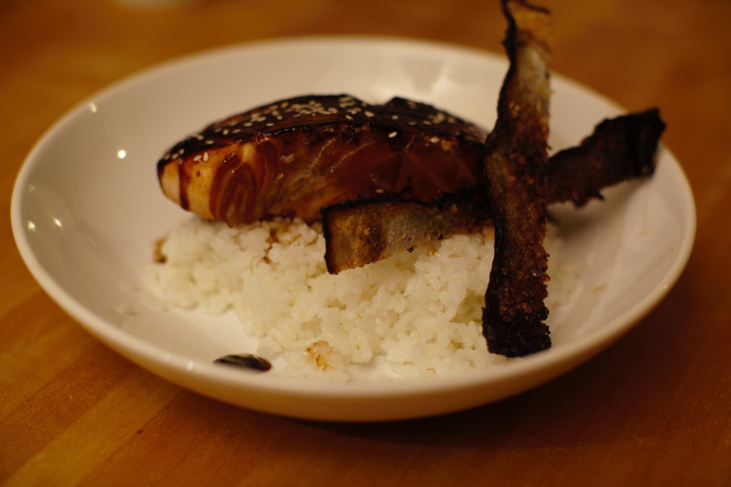 Plated salmon teriyaki with sushi rice